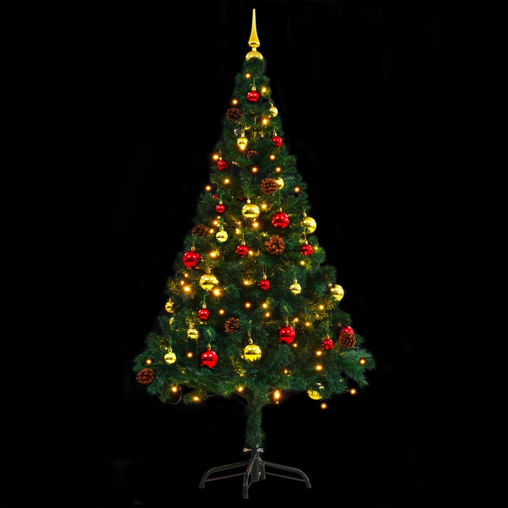 vidaXL Belyst plastgran dekorerad med julkulor grön 150 cm