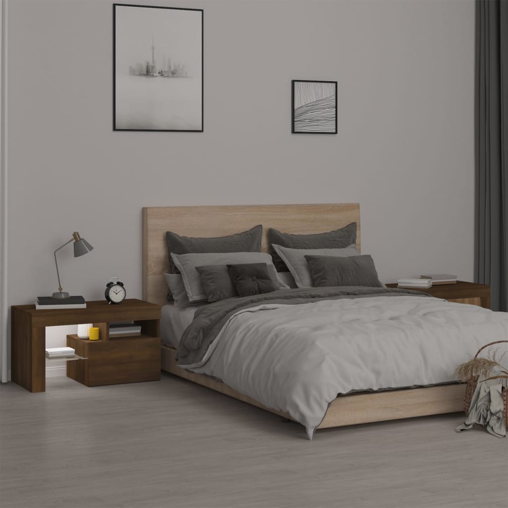 vidaXL Sängbord 2 st med LED-belysning brun ek 70x36,5x 40 cm