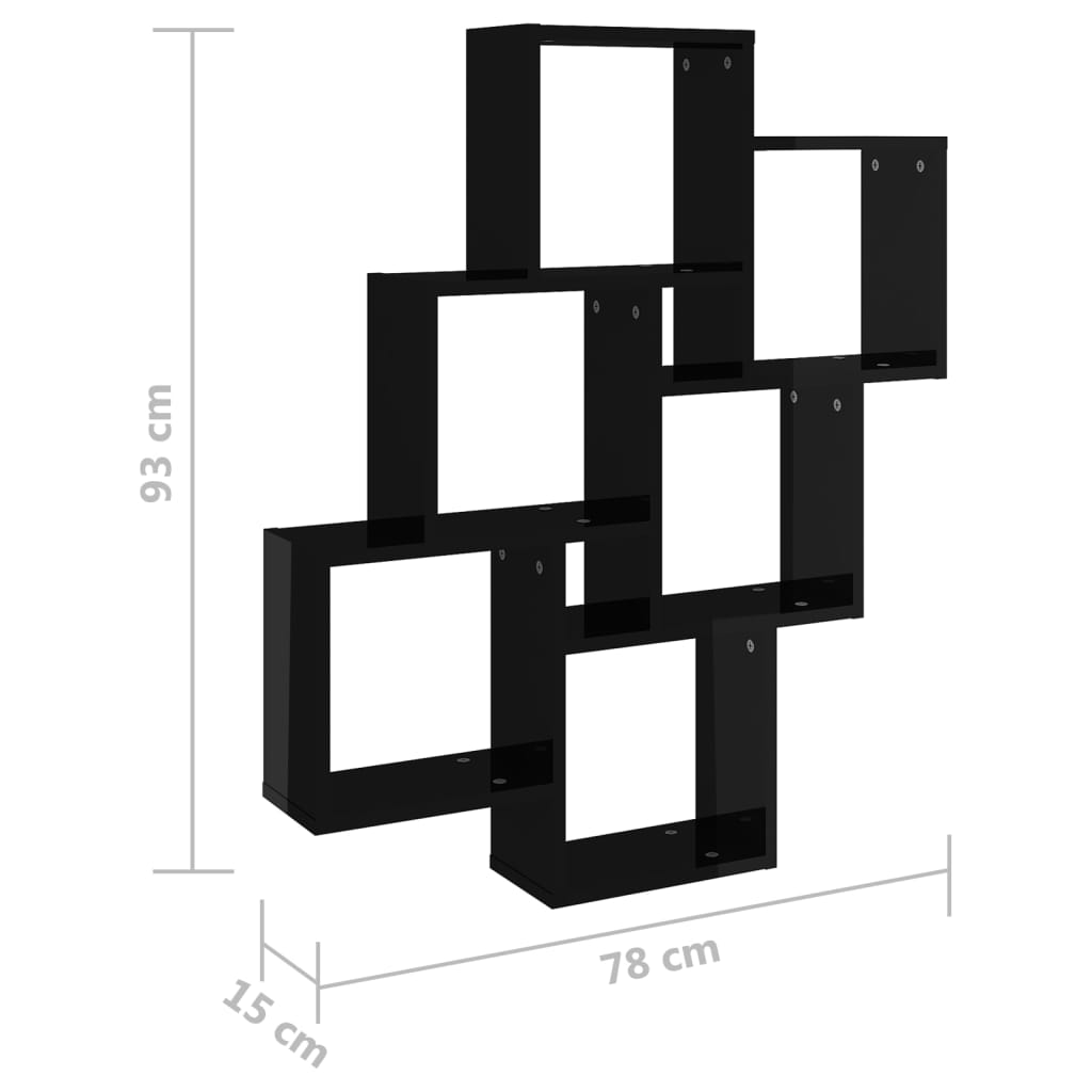 vidaXL Vägghylla kubformad svart högglans 78x15x93 cm konstruerat trä