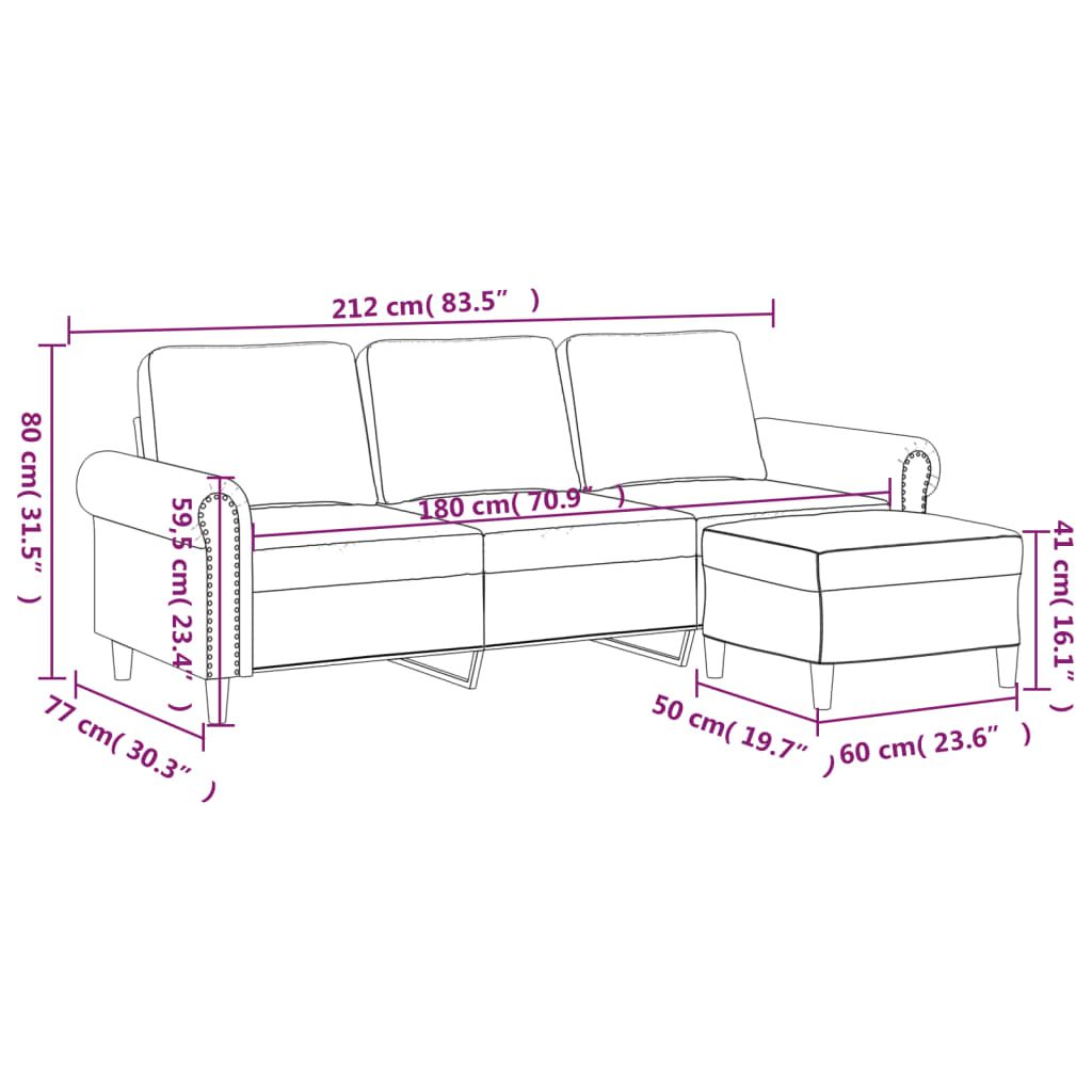 vidaXL 3-sitssoffa med fotpall ljusgrå 180 cm sammet