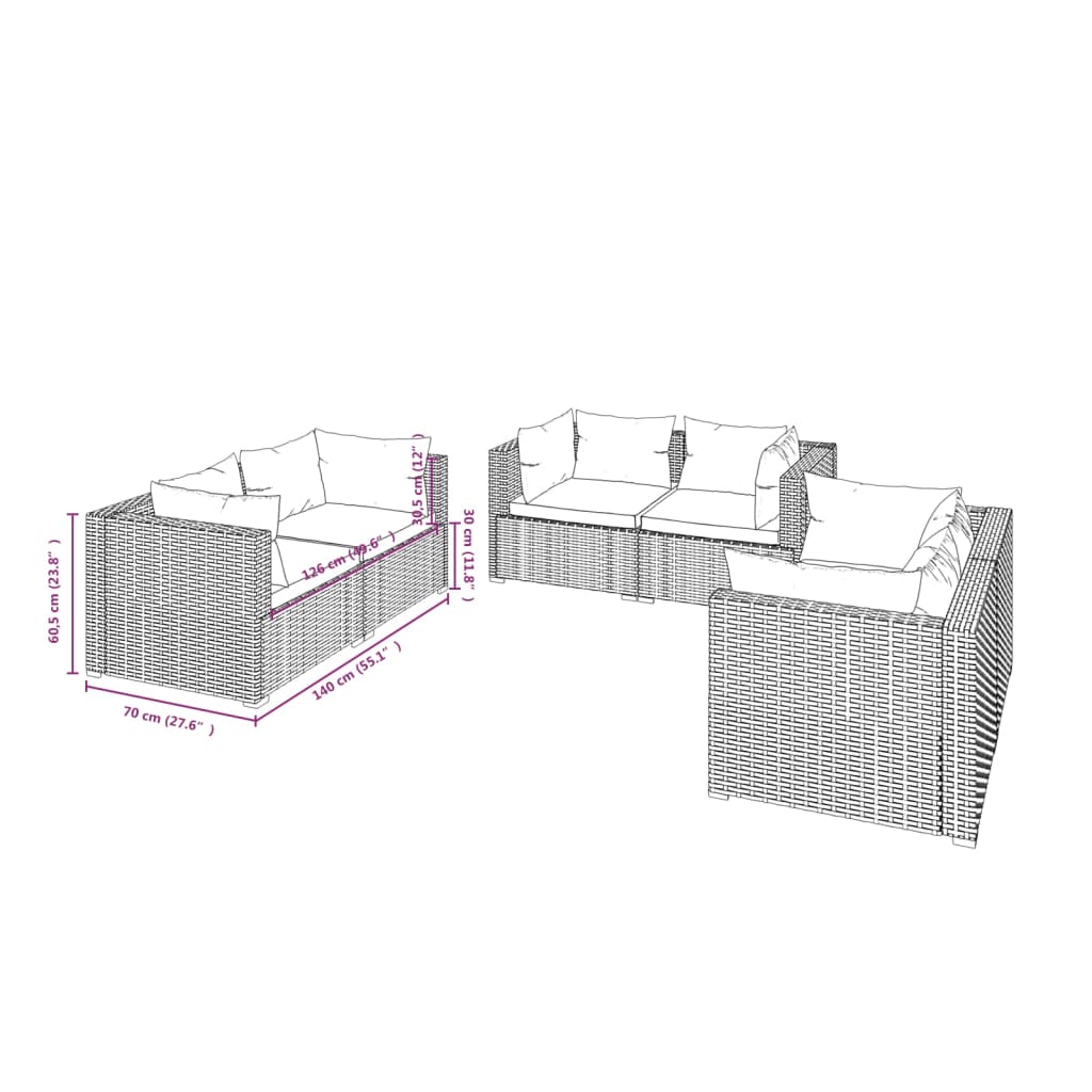vidaXL Loungegrupp för trädgården med dynor 6 delar konstrotting grå