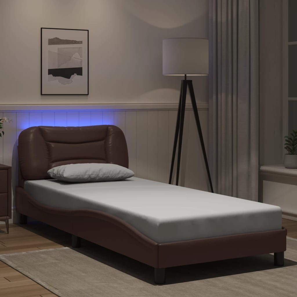 vidaXL Sängram med LED-belysning brun 80x200 cm konstläder