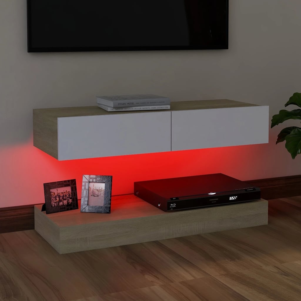 vidaXL TV-bänk med LED-belysning vit och sonoma-ek 90x35 cm