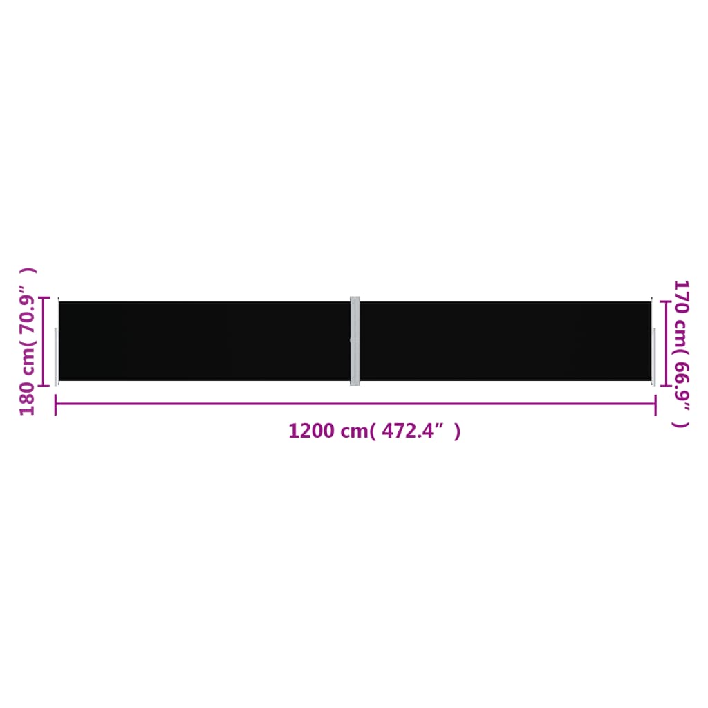 vidaXL Infällbar sidomarkis svart 180x1200 cm