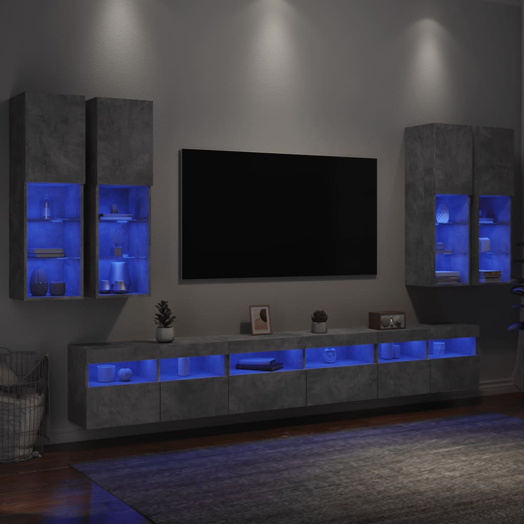 vidaXL Väggmonterade tv-skåp 7 delar med LEDs betonggrå
