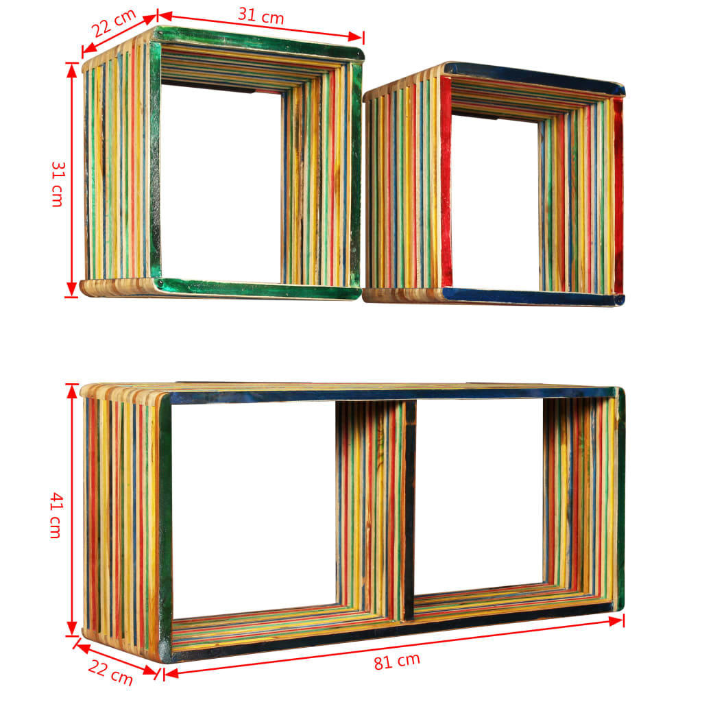 vidaXL Vägghylla 3 delar massivt återvunnet teakträ flerfärgat