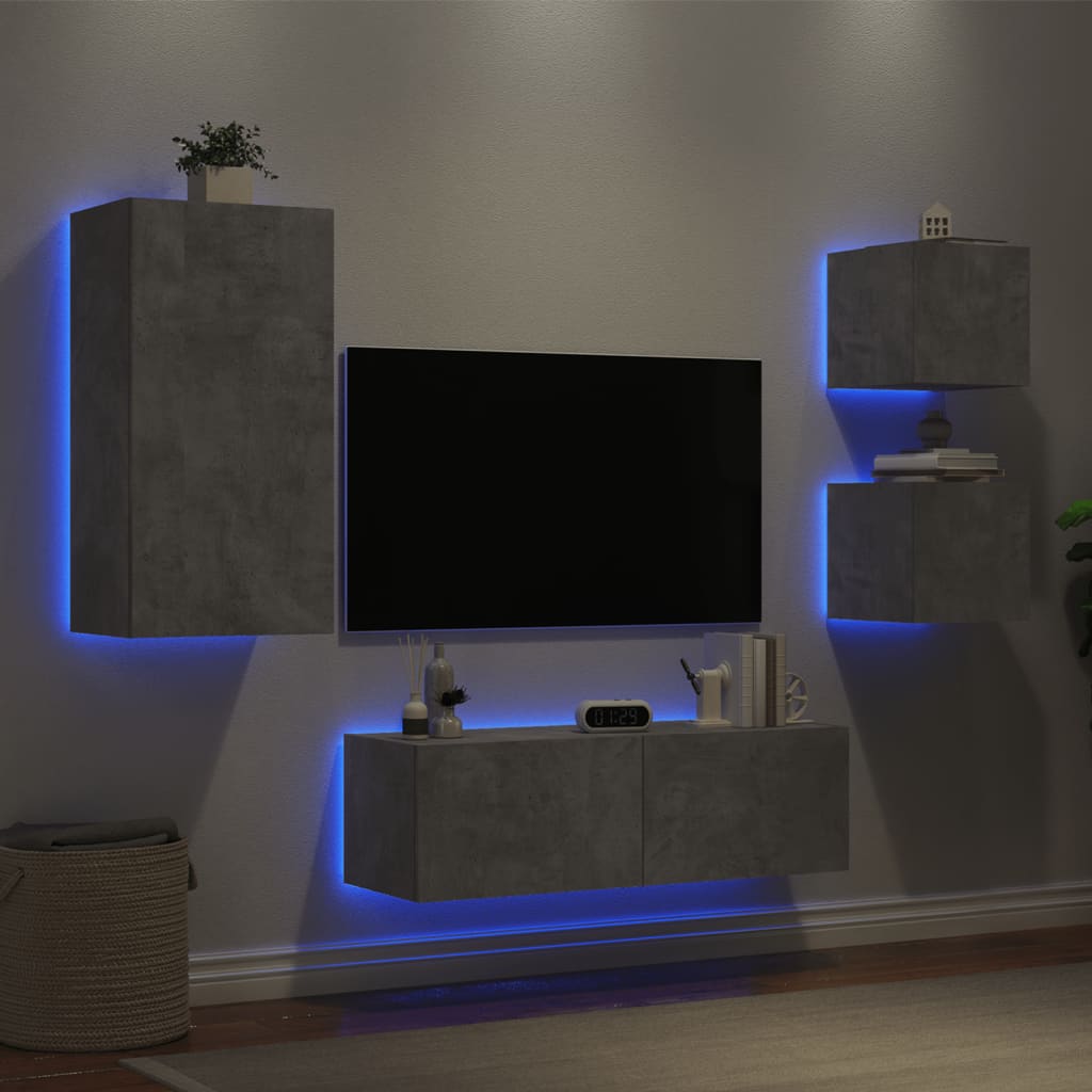 vidaXL Väggmonterade TV-skåp 4 delar med LEDs betonggrå