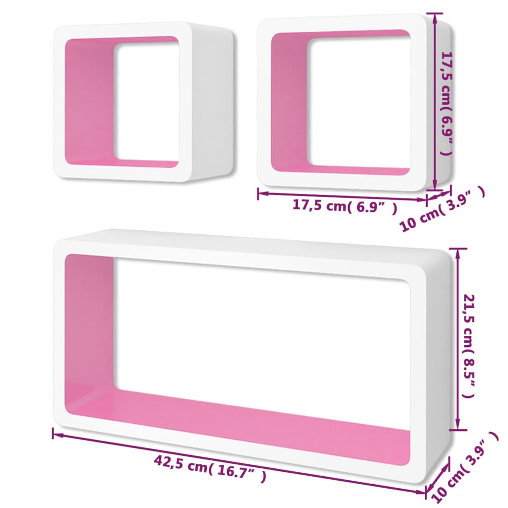3 Flytande DVD/bokhylla förvaring i MDF kubform vit/rosa