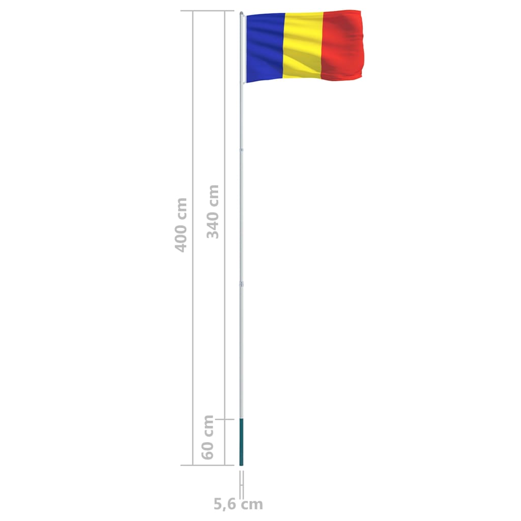 vidaXL Rumäniens flagga och flaggstång i aluminium 4 m