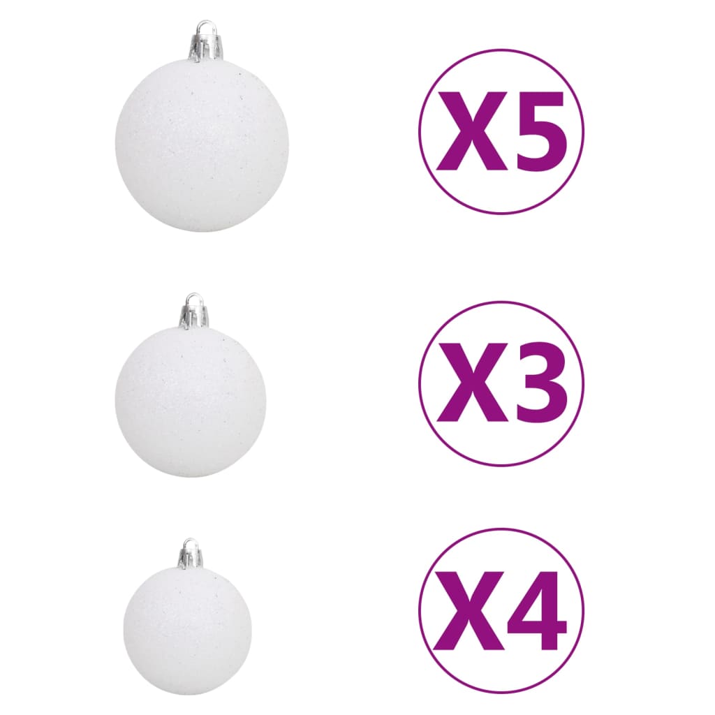 vidaXL Halv plastgran med LED och julgranskulor vit 210 cm