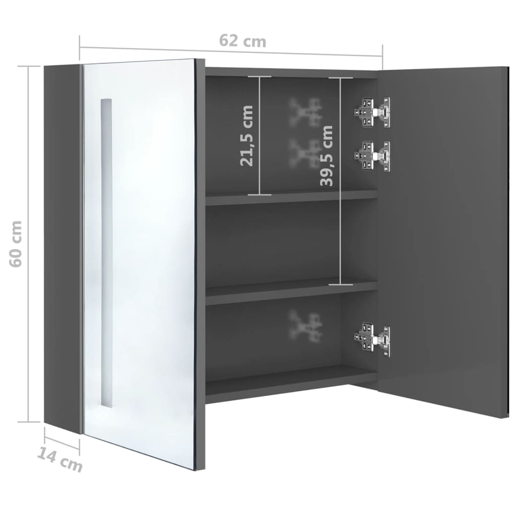 vidaXL Badrumsskåp med spegel LED grå högglans 62x14x60 cm