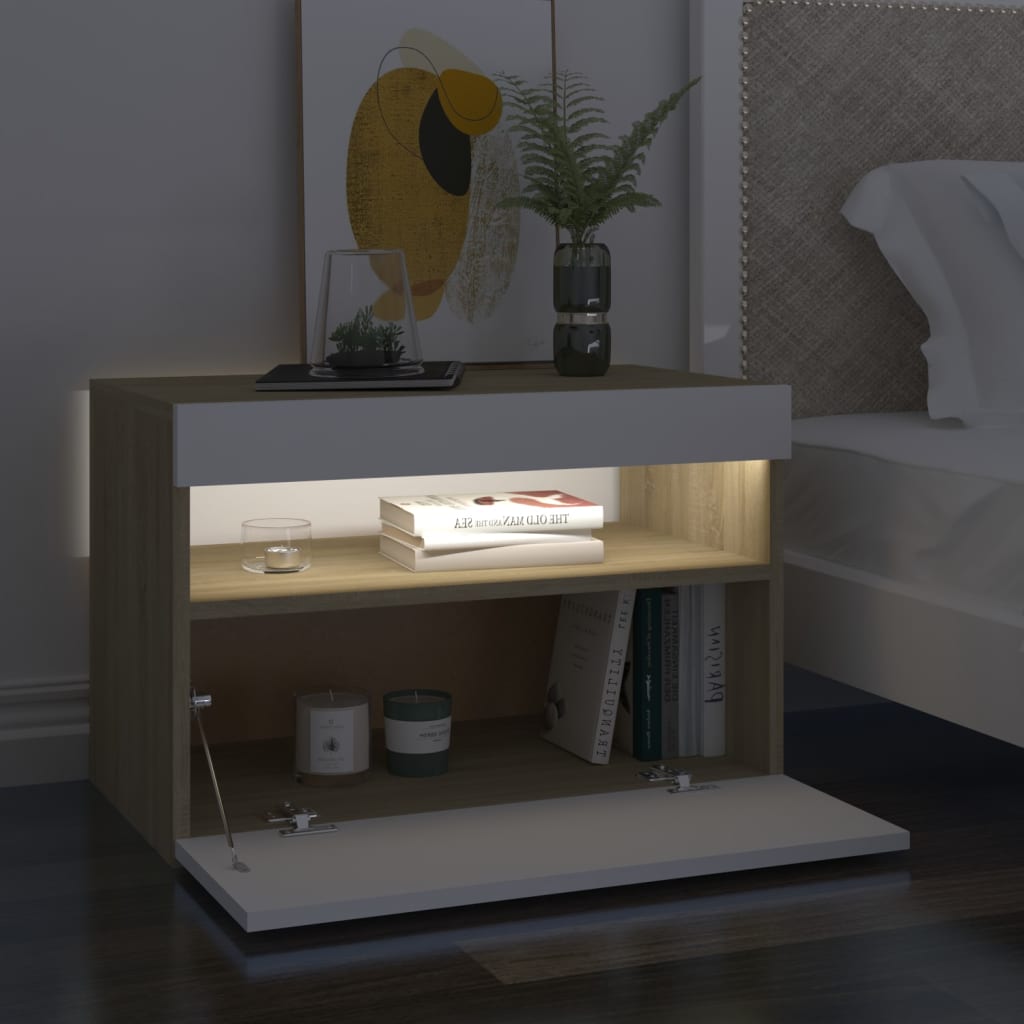 vidaXL Sängbord med LED-belysning 2 st vit och sonoma-ek 60x35x40 cm