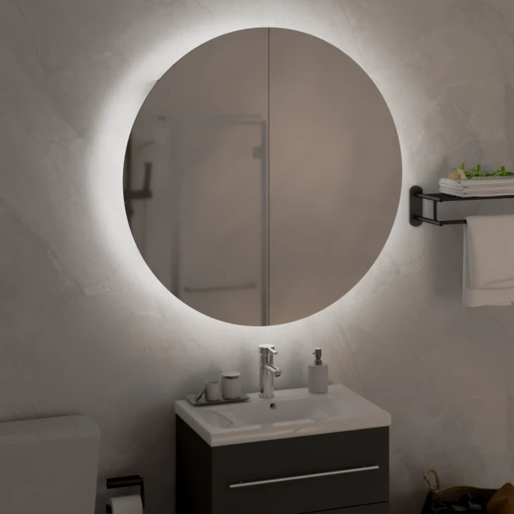 vidaXL Badrumsskåp med rund spegel och LED svart 54x54x17,5 cm