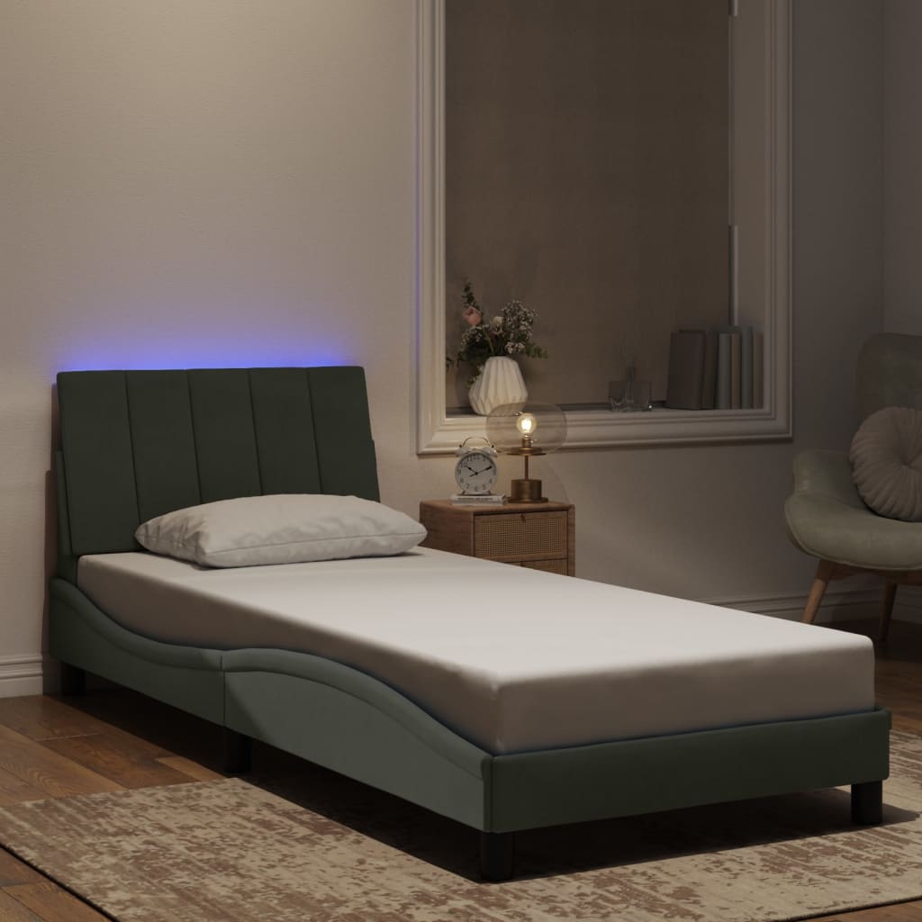 vidaXL Sängram med LED-belysning ljusgrå 90x190 cm sammet