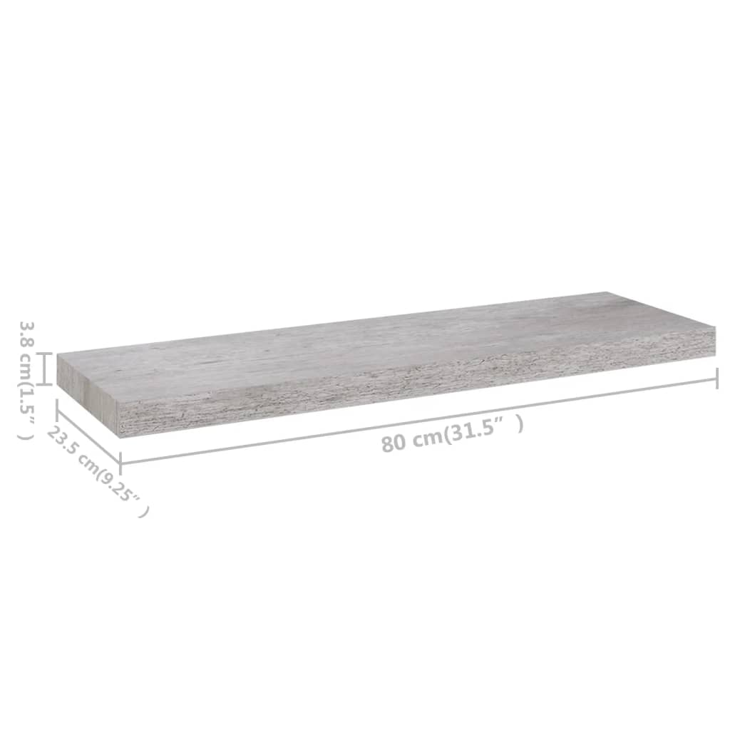vidaXL Svävande vägghylla betonggrå 80x23,5x3,8 cm MDF