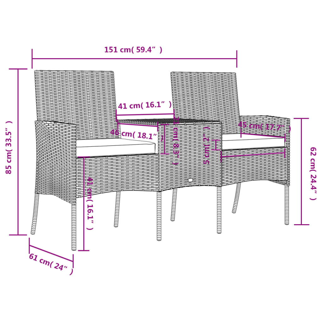 vidaXL Trädgårdssoffa 2-sits med bord konstrotting antracit