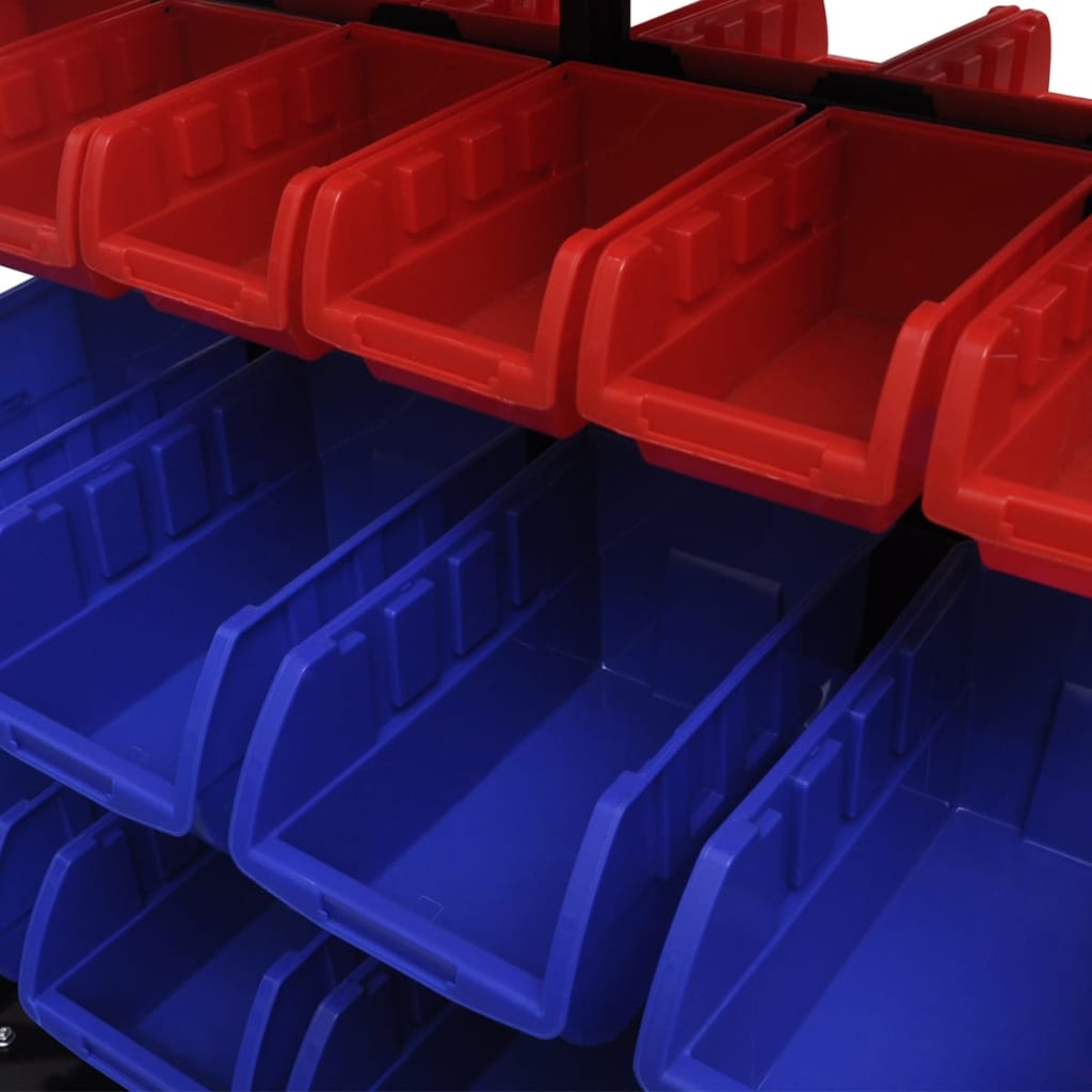 Blå & röd förvaringshylla för garageverktyg med hjul