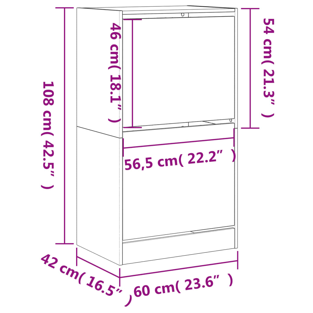 vidaXL Skoskåp med 2 flip-lådor brun ek 60x42x108 cm