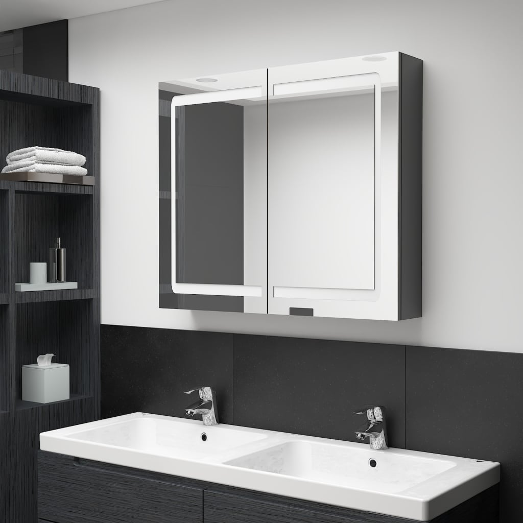 vidaXL Spegelskåp med LED blank grå 80x12x68 cm