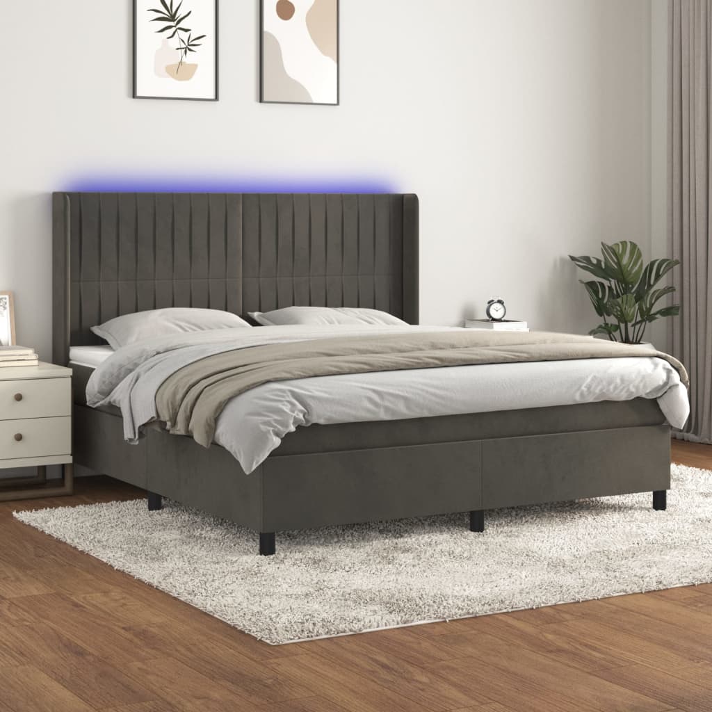 vidaXL Ramsäng med madrass & LED mörkgrå 180x200 cm sammet
