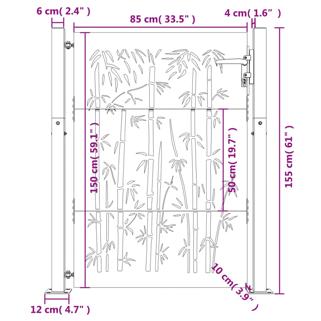 vidaXL Trädgårdsgrind 105x155 cm rosttrögt stål bambudesign