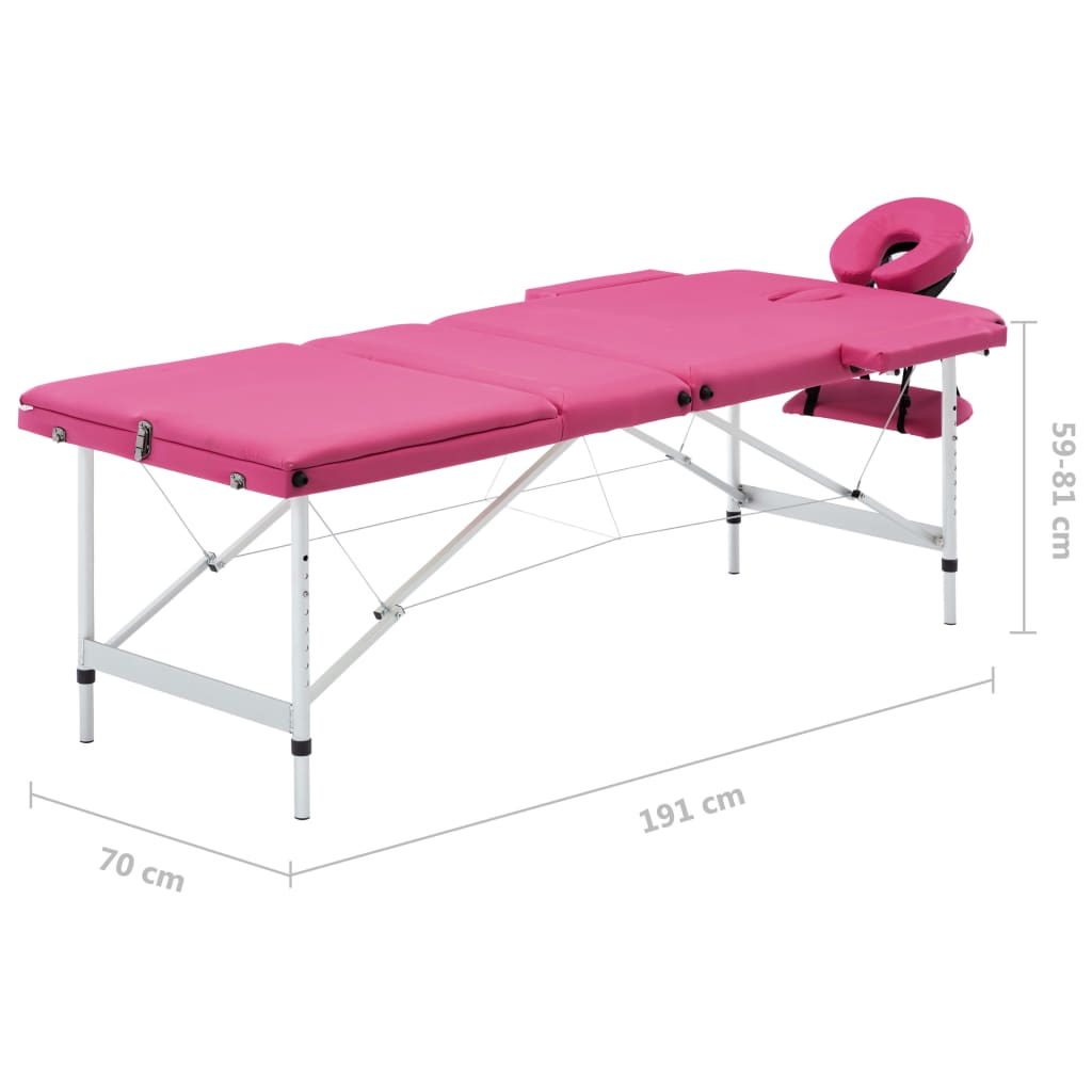 vidaXL Hopfällbar massagebänk 3 sektioner aluminium rosa