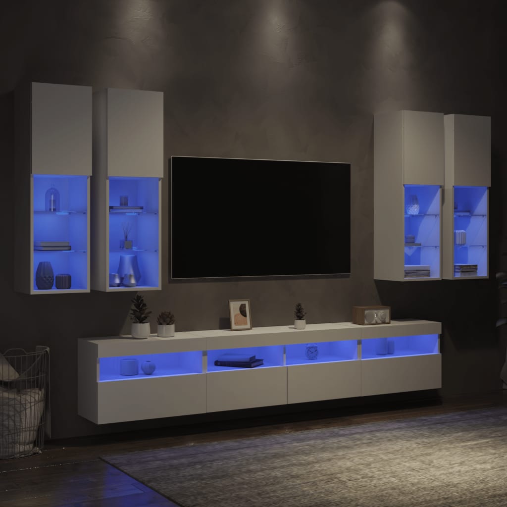 vidaXL Väggmonterade tv-skåp 7 delar med LEDs vit