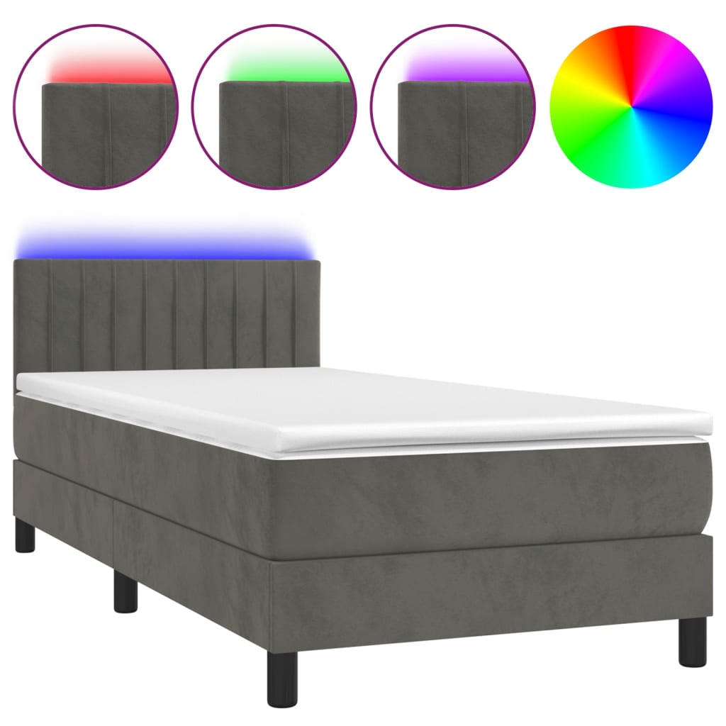 vidaXL Ramsäng med madrass & LED mörkgrå 100x200 cm sammet