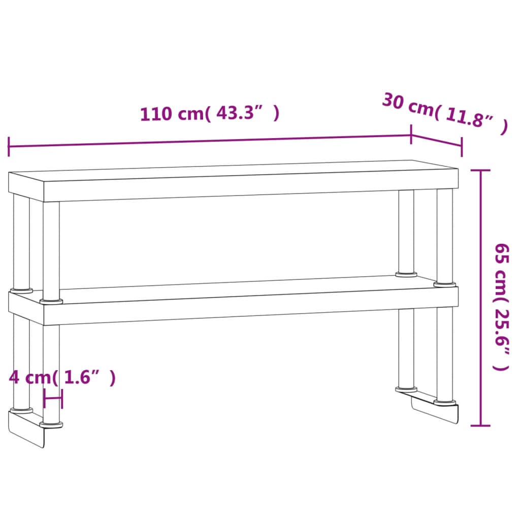 vidaXL Överhylla för arbetsbord 2 hyllor 110x30x65 cm rostfritt stål