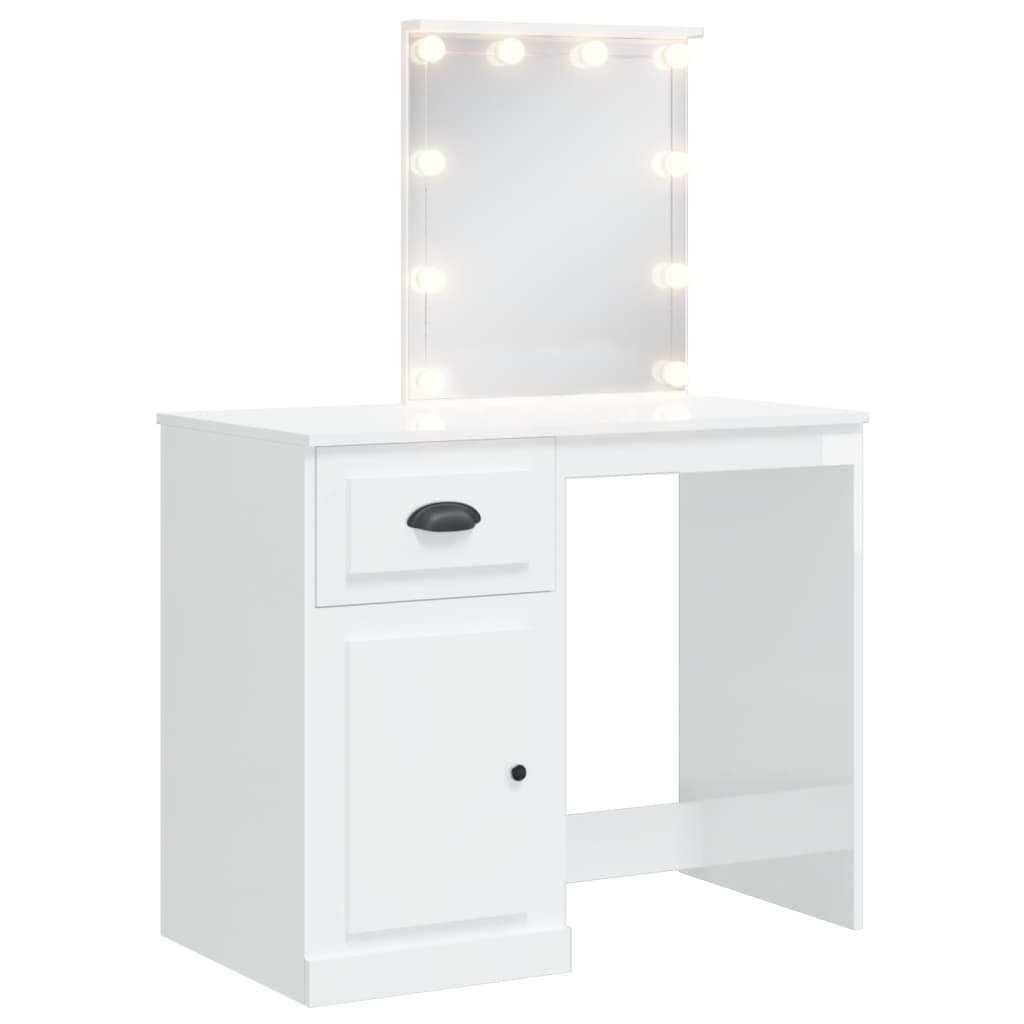 vidaXL Sminkbord med LED-lampor vit högglans 90x42x132,5 cm