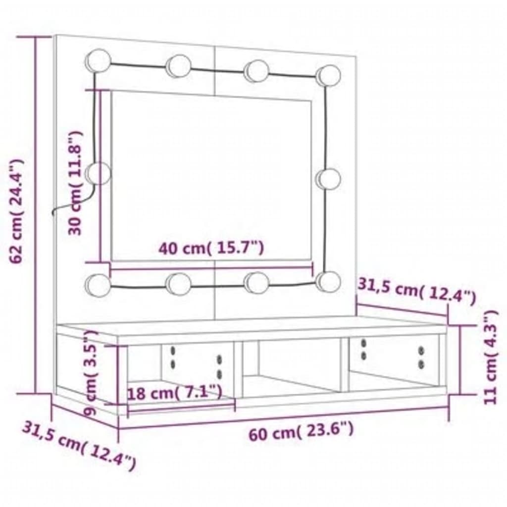 vidaXL Spegelskåp med LED sonoma-ek 60x31,5x62 cm