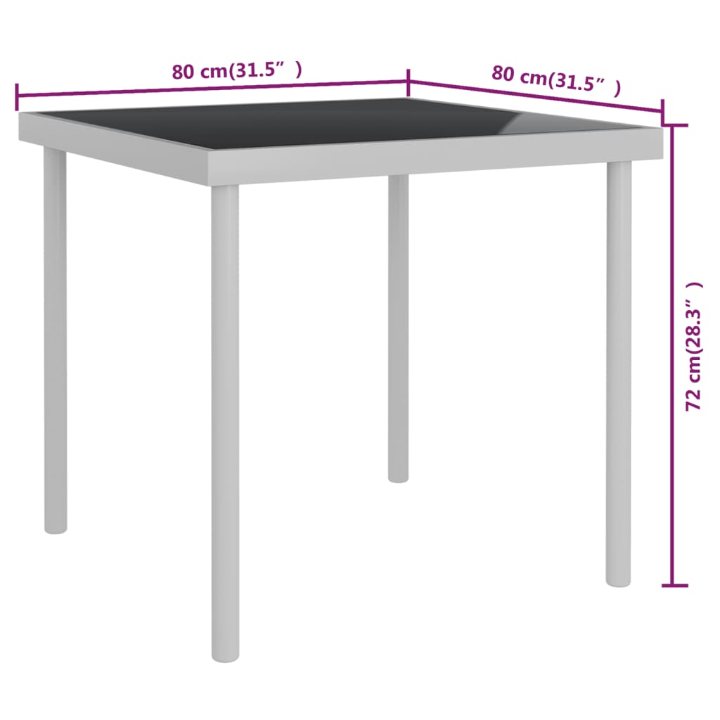 vidaXL Matbord för trädgården ljusgrå 80x80x72 cm glas och stål