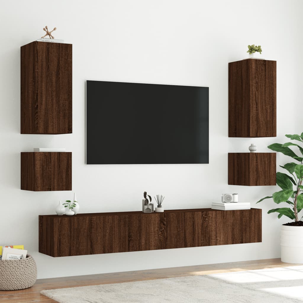 vidaXL Väggmonterade tv-skåp 6 delar med LEDs brun ek
