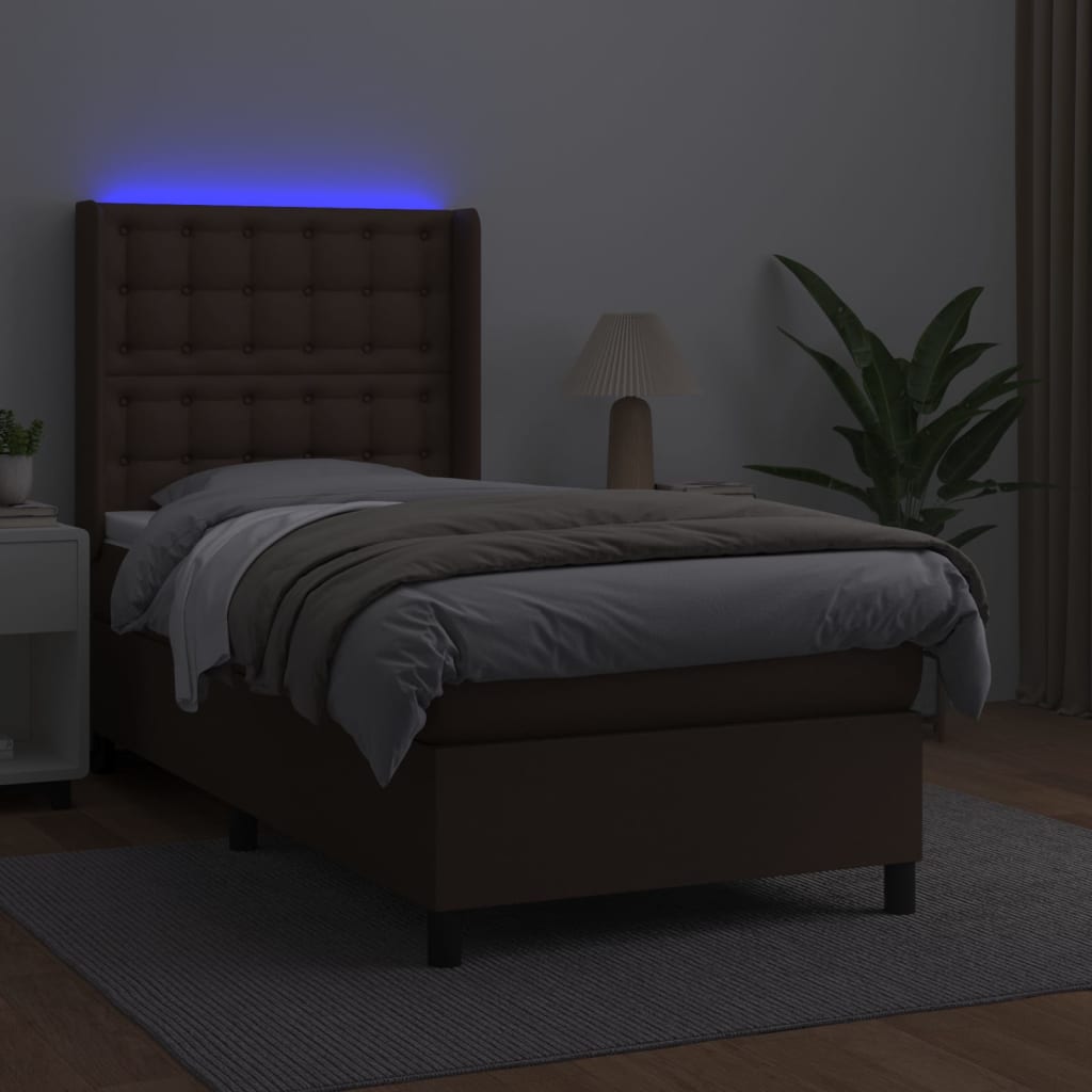 vidaXL Ramsäng med madrass & LED brun 90x190 cm konstläder