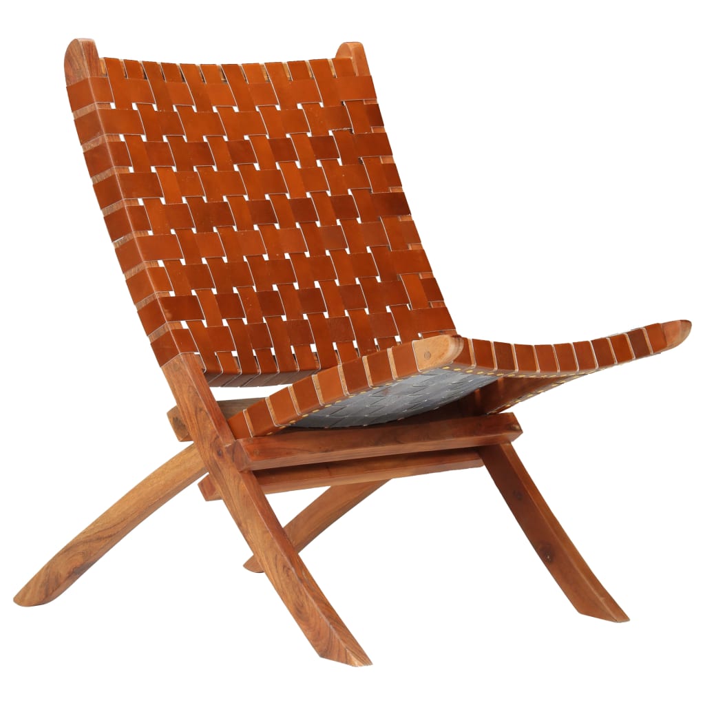 vidaXL Hopfällbar stol flätad brun äkta läder