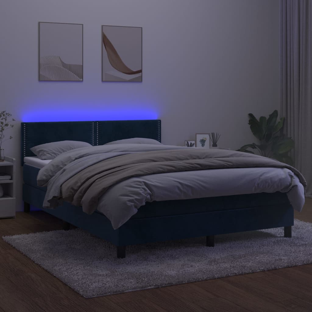 vidaXL Ramsäng med madrass & LED mörkblå 140x200 cm sammet
