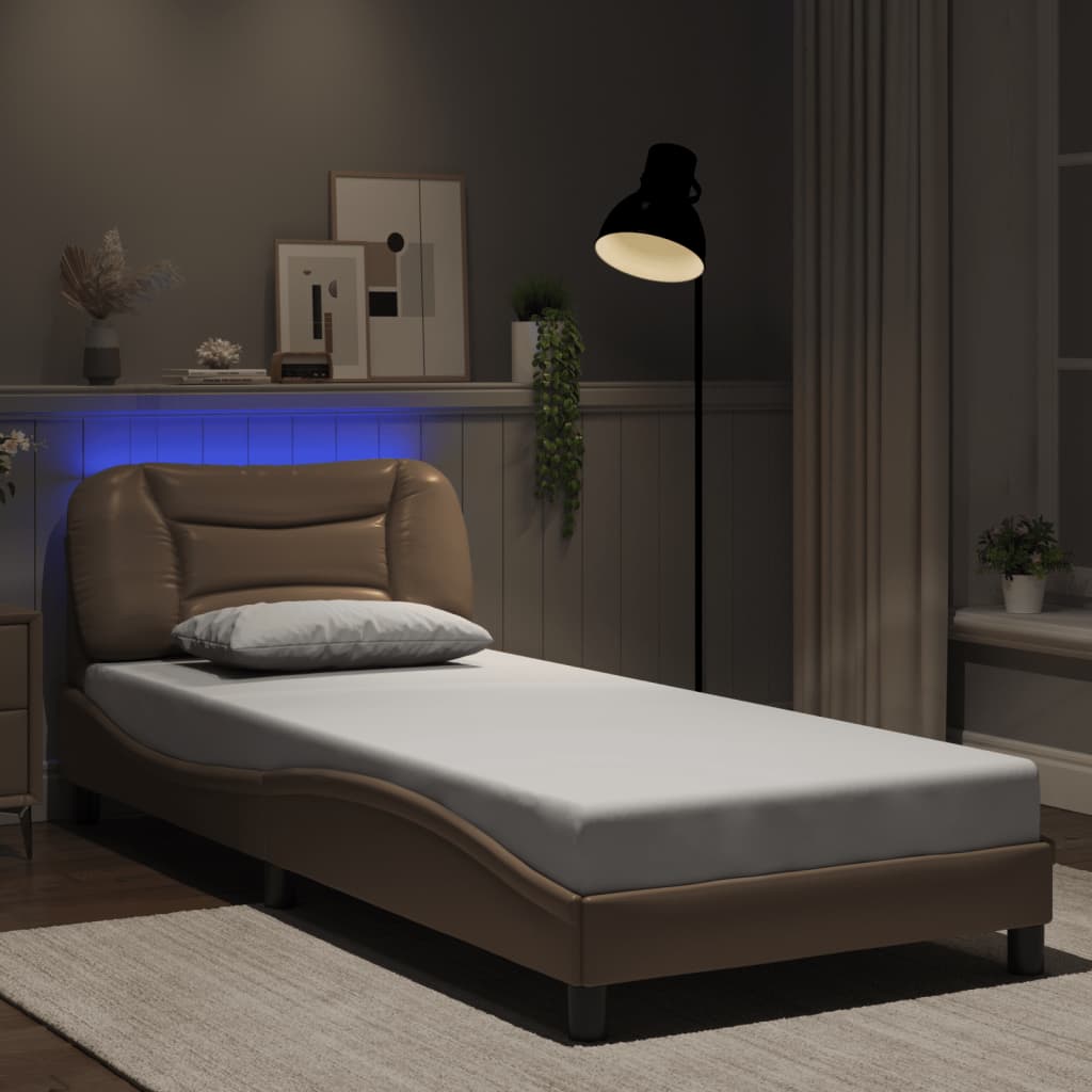 vidaXL Sängram med LED-belysning cappuccino 80x200 cm konstläder