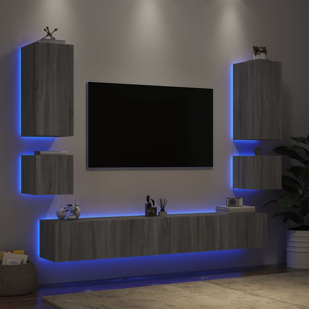 vidaXL Väggmonterade tv-skåp 6 delar med LEDs grå sonoma