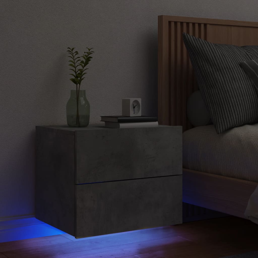 vidaXL Väggmonterat sängbord med LED-lampor betonggrå