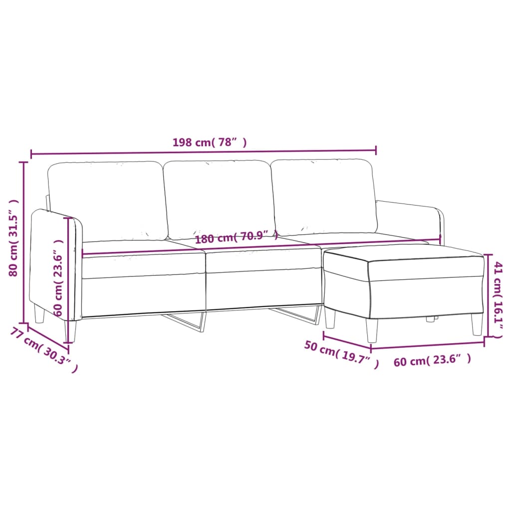 vidaXL 3-sitssoffa med fotpall ljusgrå 180 cm sammet
