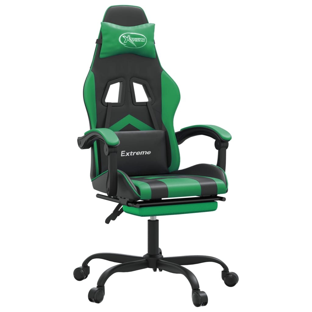 vidaXL Snurrbar gamingstol med fotstöd svart och grön konstläder