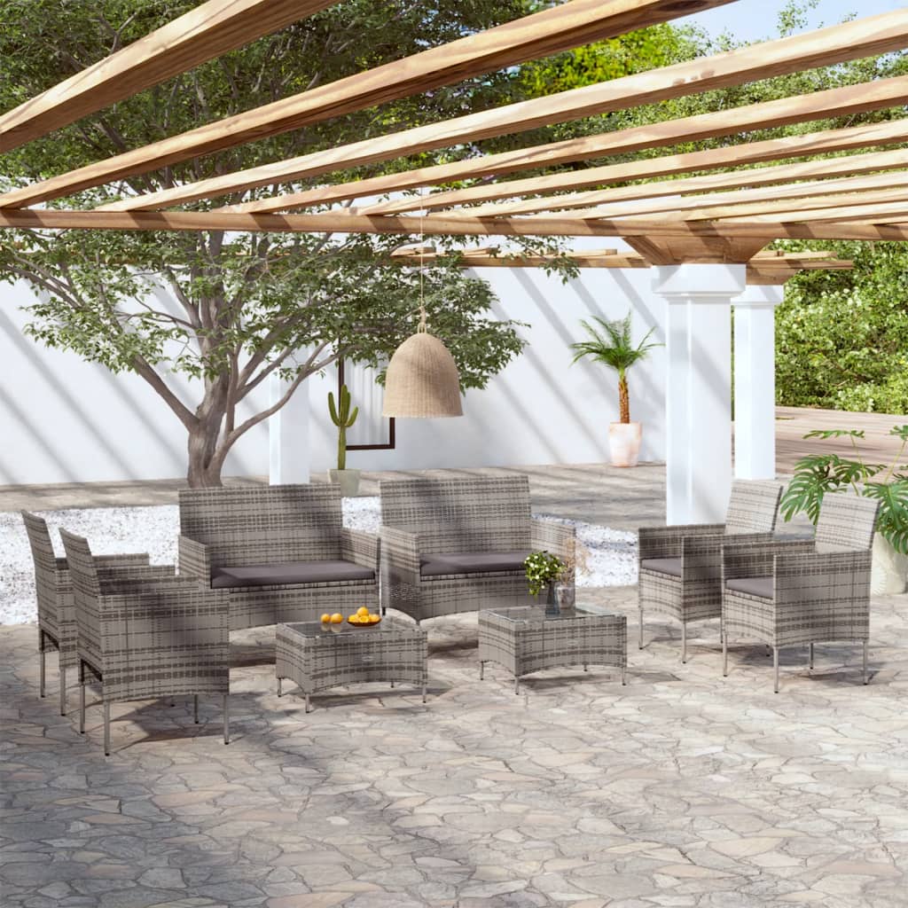 vidaXL Loungegrupp för trädgården 8 delar med dynor konstrotting grå