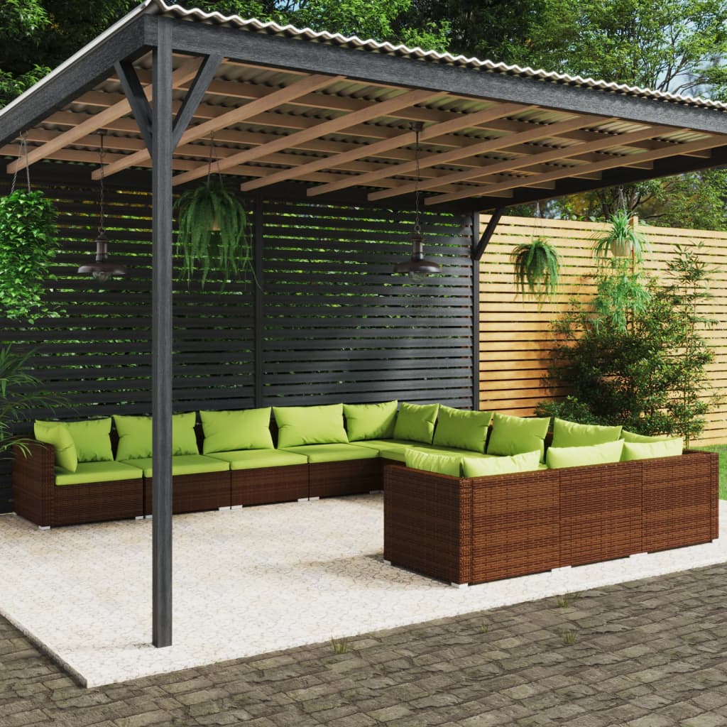 vidaXL Loungegrupp för trädgården med dynor 11delar konstrotting brun