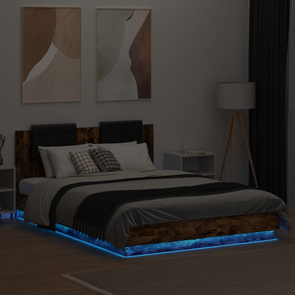 vidaXL Sängram med huvudgavel och LED rökfärgad ek 140x200 cm