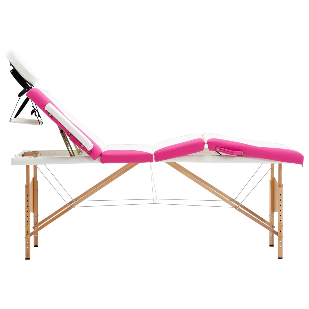 vidaXL Hopfällbar massagebänk 4 sektioner trä vit och rosa