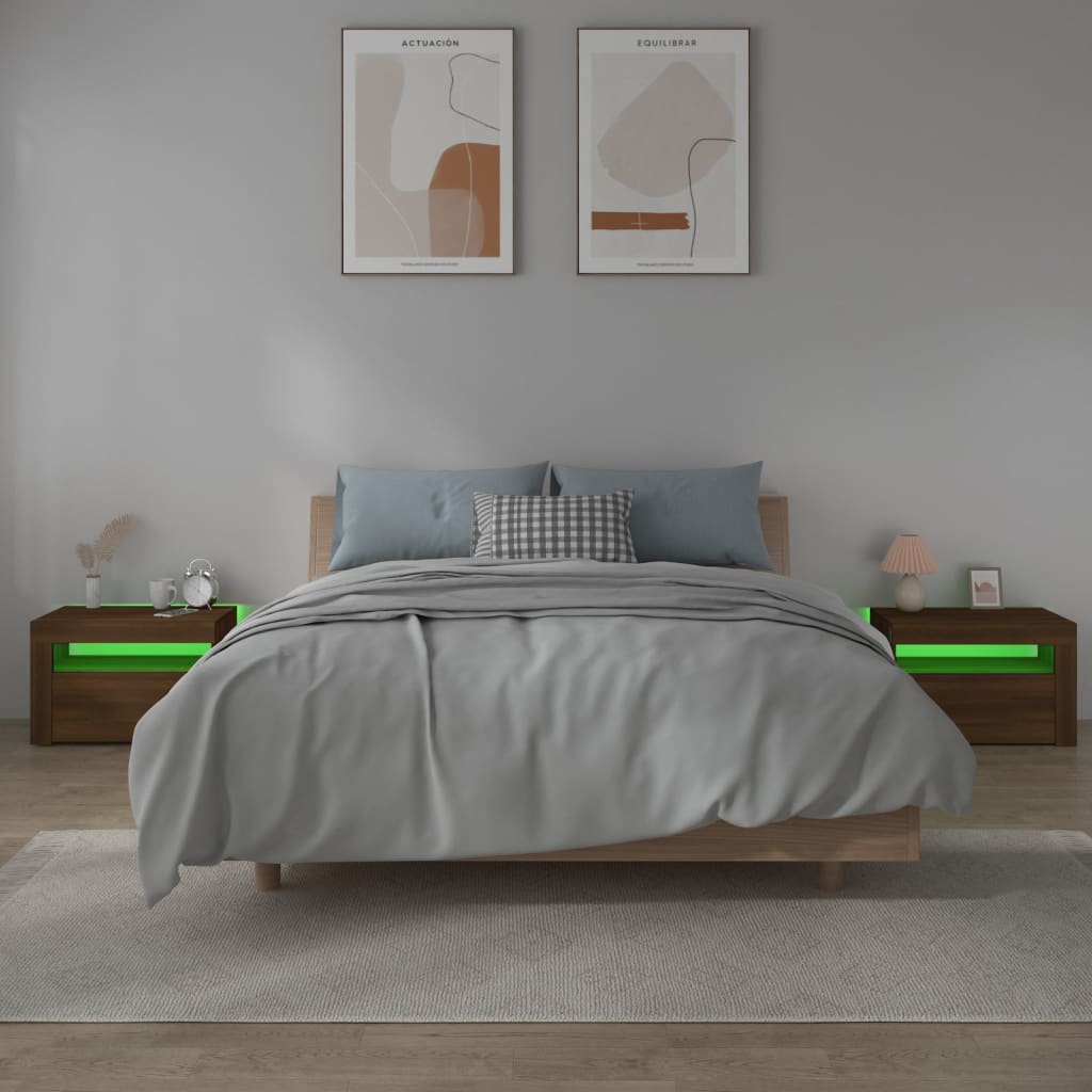 vidaXL Sängbord 2 st med LED-belysning Brun ek 60x35x40 cm