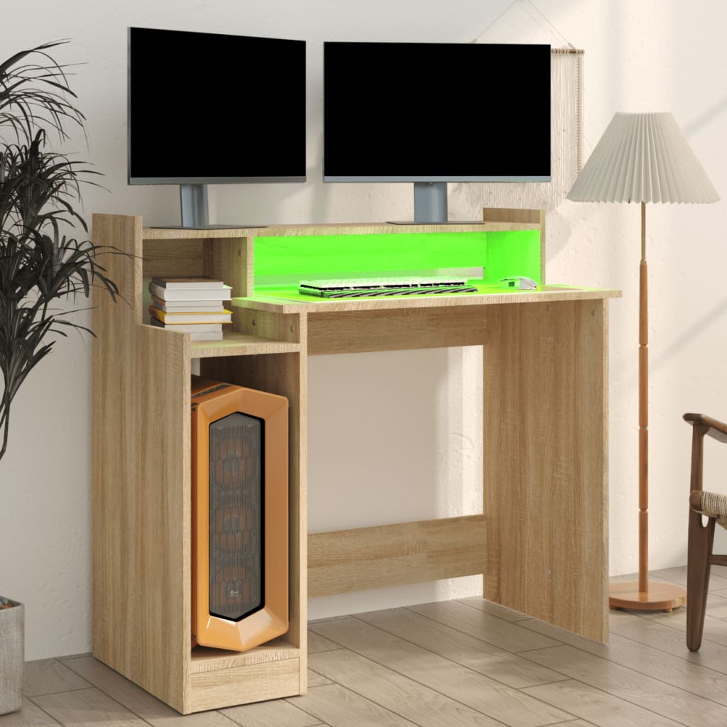 vidaXL Skrivbord med LED sonoma-ek 97x45x90 cm konstruerat trä