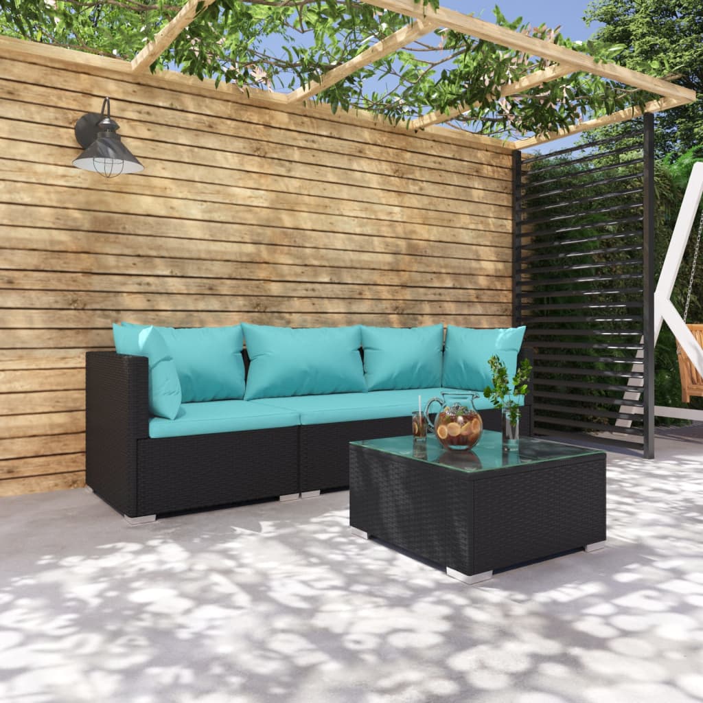 vidaXL Loungegrupp för trädgården med dynor 4 delar konstrotting svart