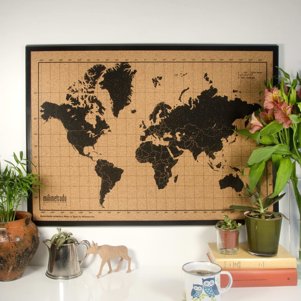 milimetrado Anslagstavla världskarta med träram svart & brun 70x50 cm