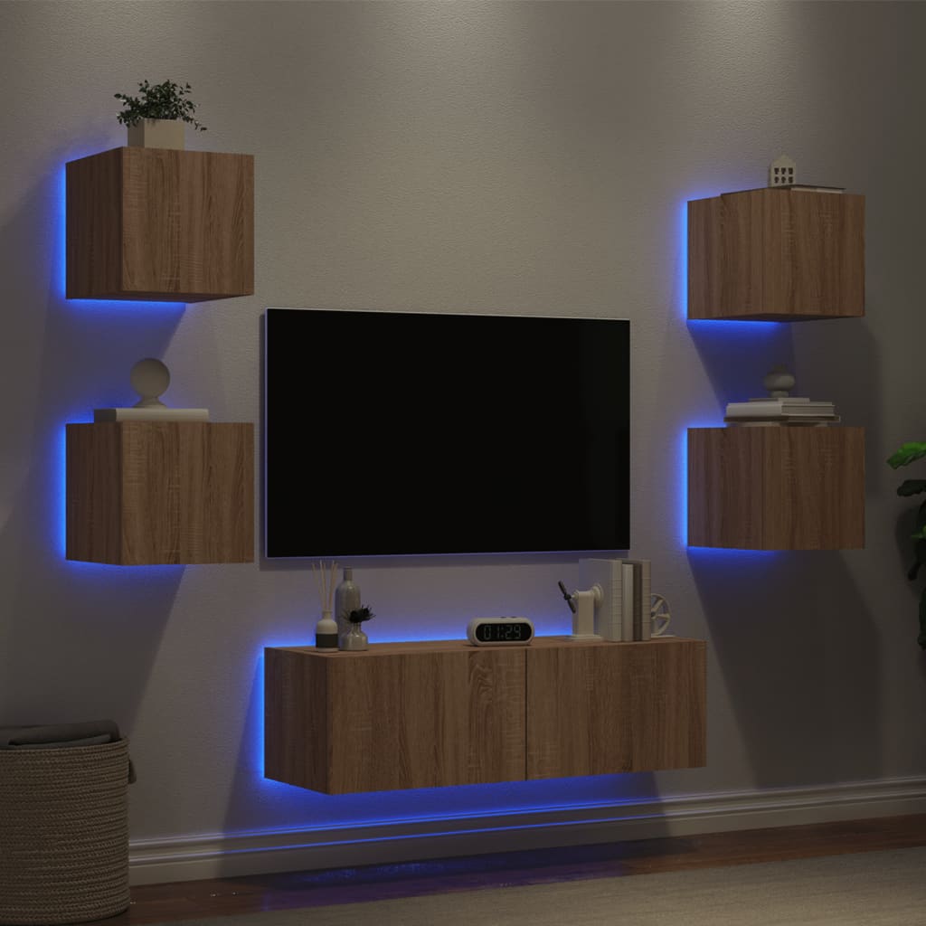 vidaXL Väggmonterade TV-skåp 5 delar med LEDs sonoma-ek